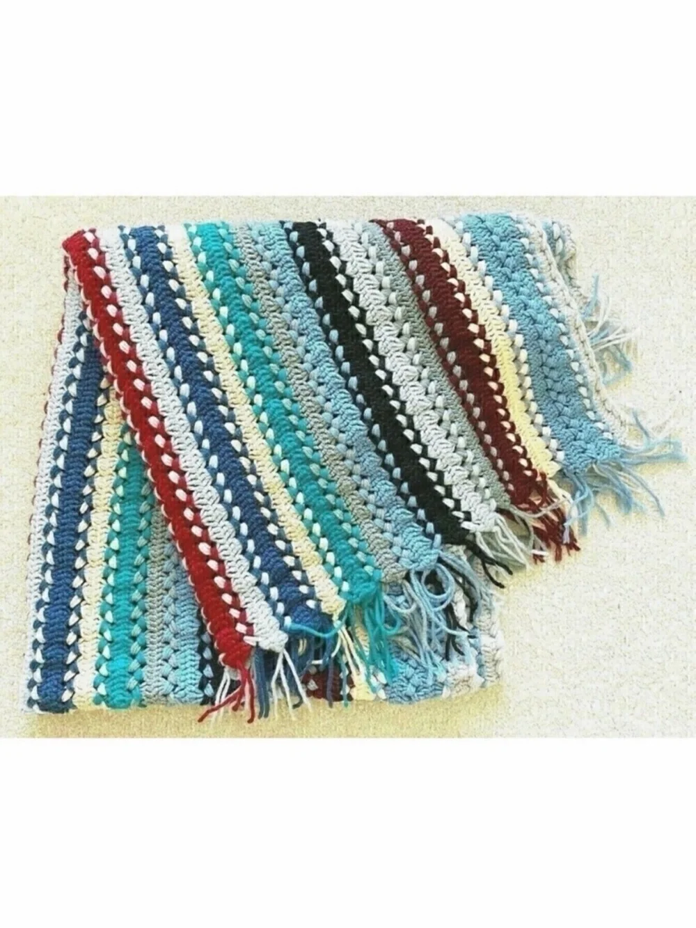 Handmade Blue Burgundy Striped Crochet Afghan Throw Fringe Roseanne Mission Sofa